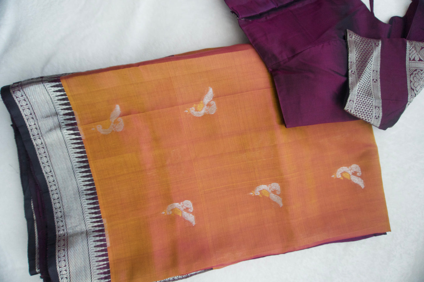 Brick peach pure mangalgiri handloom pattu saree with wine blouse