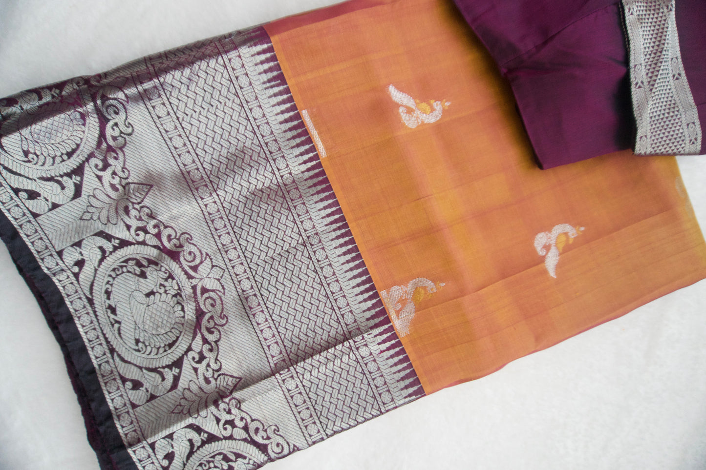 Brick peach pure mangalgiri handloom pattu saree with wine blouse