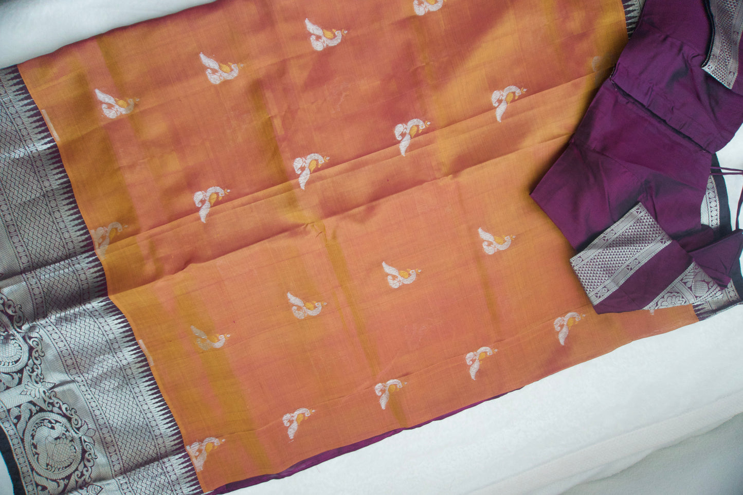 Brick peach pure mangalgiri handloom pattu saree with wine blouse