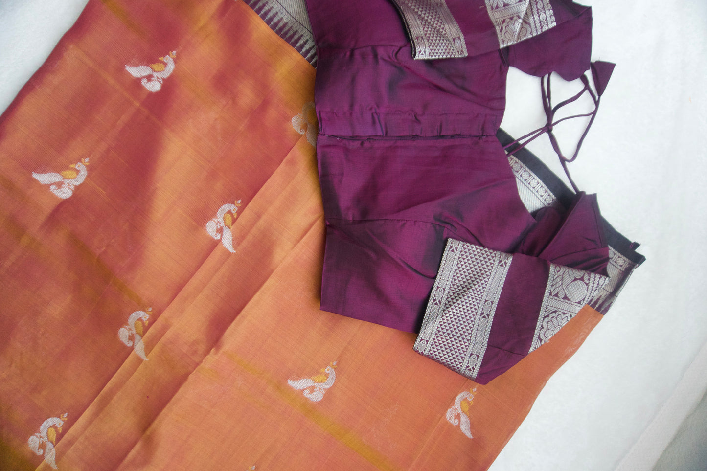 Brick peach pure mangalgiri handloom pattu saree with wine blouse