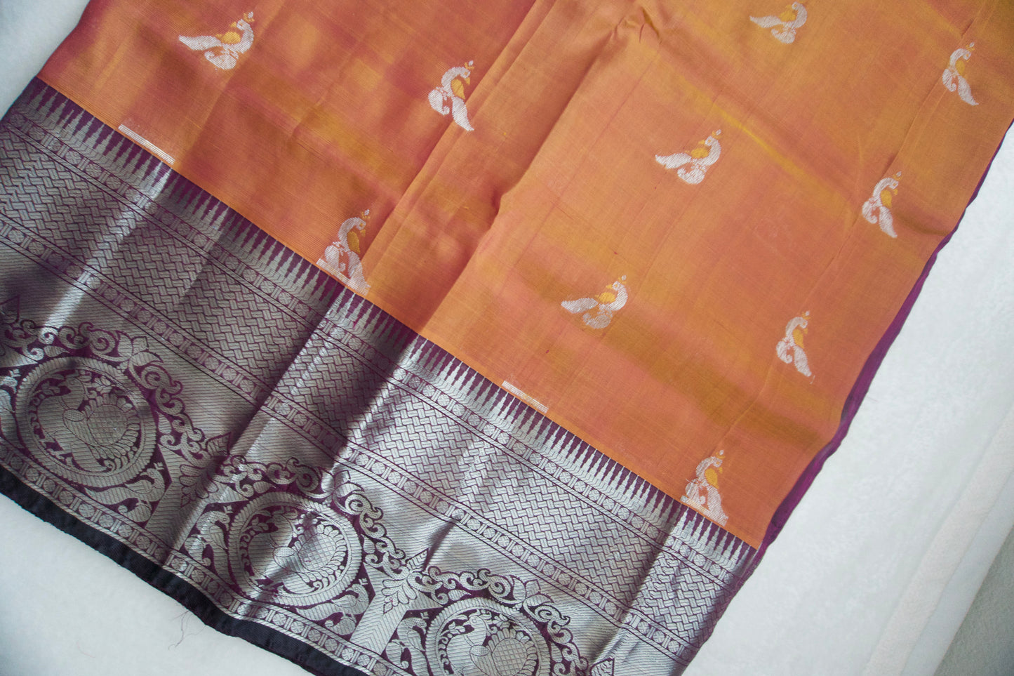 Brick peach pure mangalgiri handloom pattu saree with wine blouse