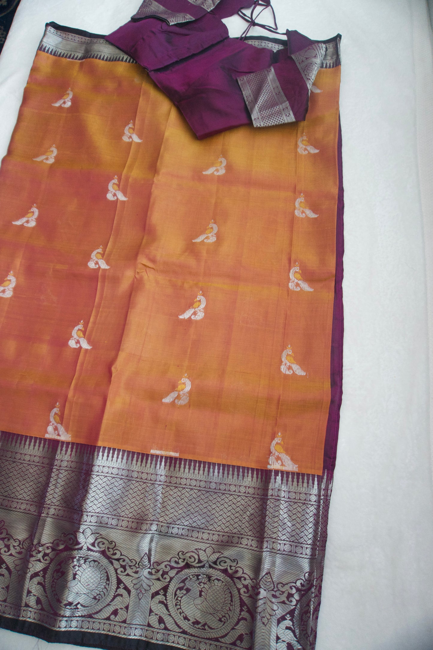 Brick peach pure mangalgiri handloom pattu saree with wine blouse