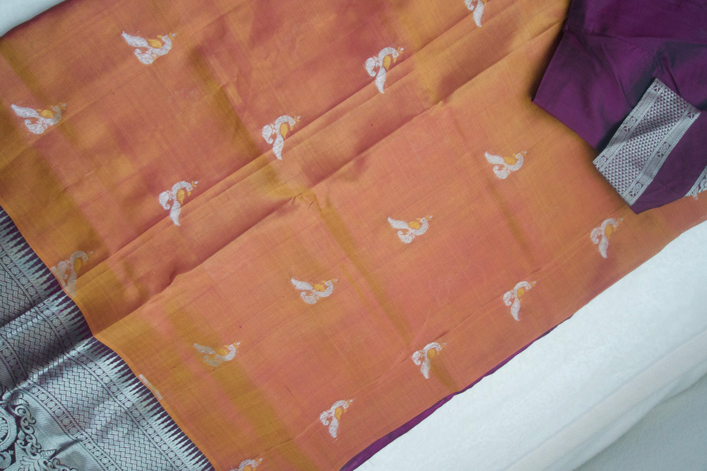Brick peach pure mangalgiri handloom pattu saree with wine blouse