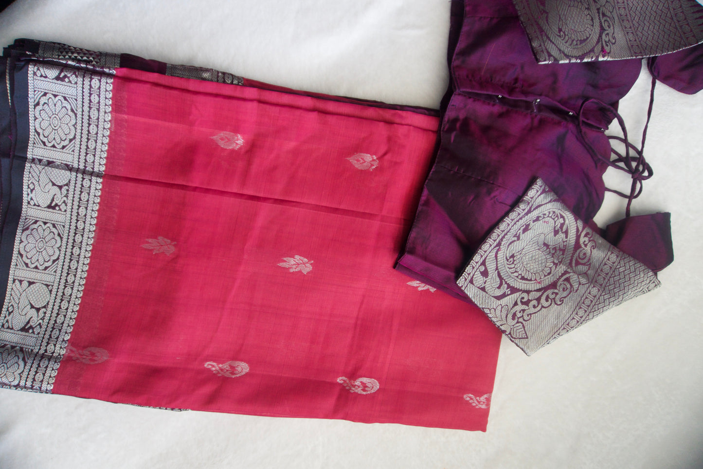 Pink pure mangalgiri handloom pattu saree with wine blouse