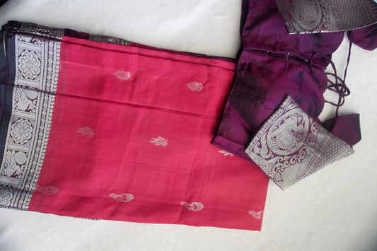 Pink pure mangalgiri handloom pattu saree with wine blouse