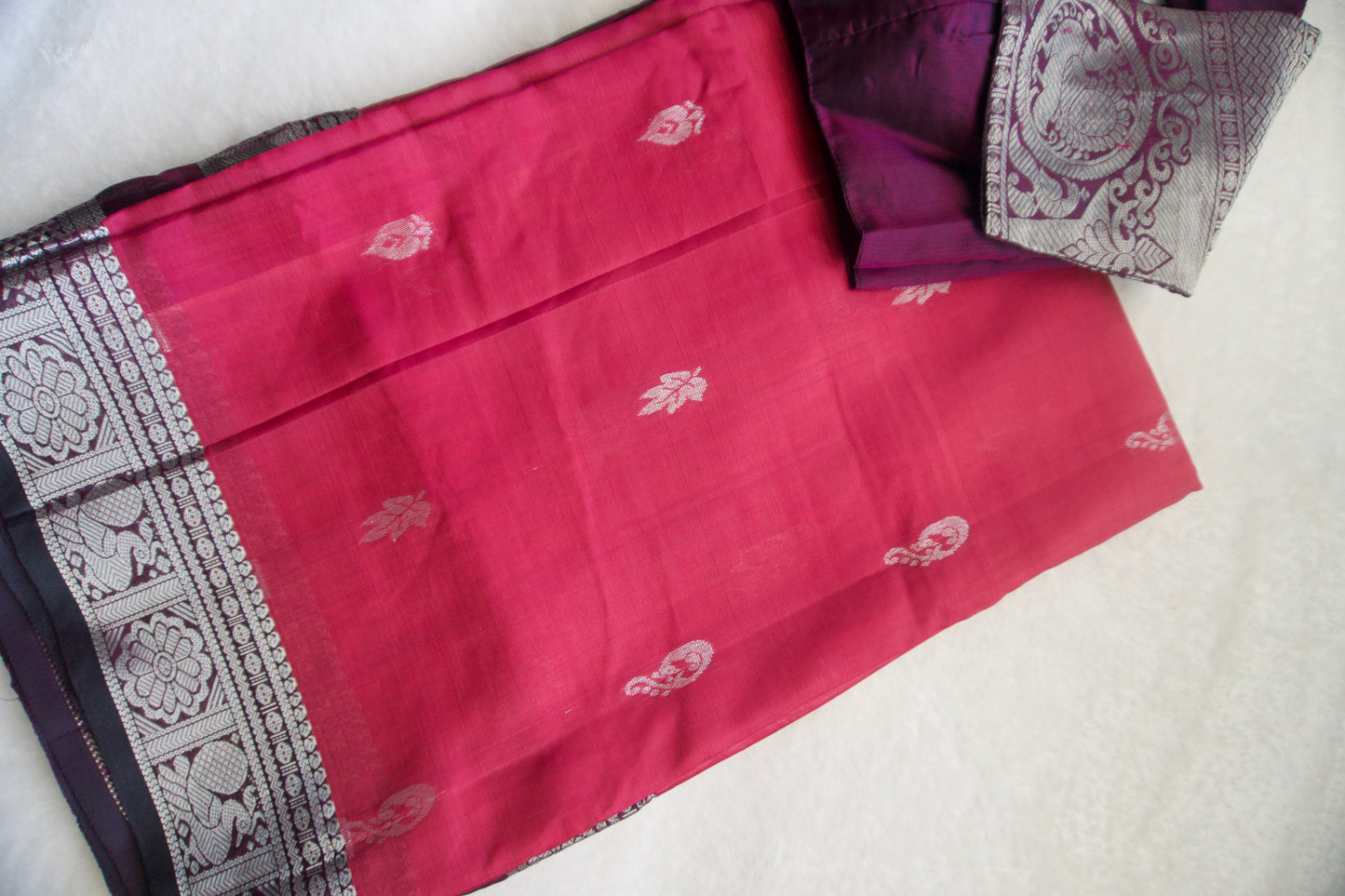 Pink pure mangalgiri handloom pattu saree with wine blouse