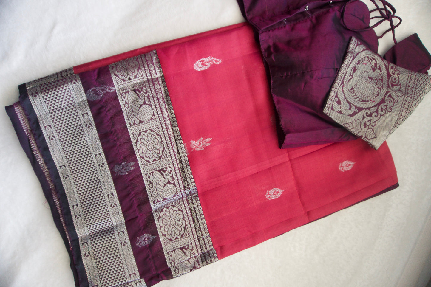 Pink pure mangalgiri handloom pattu saree with wine blouse
