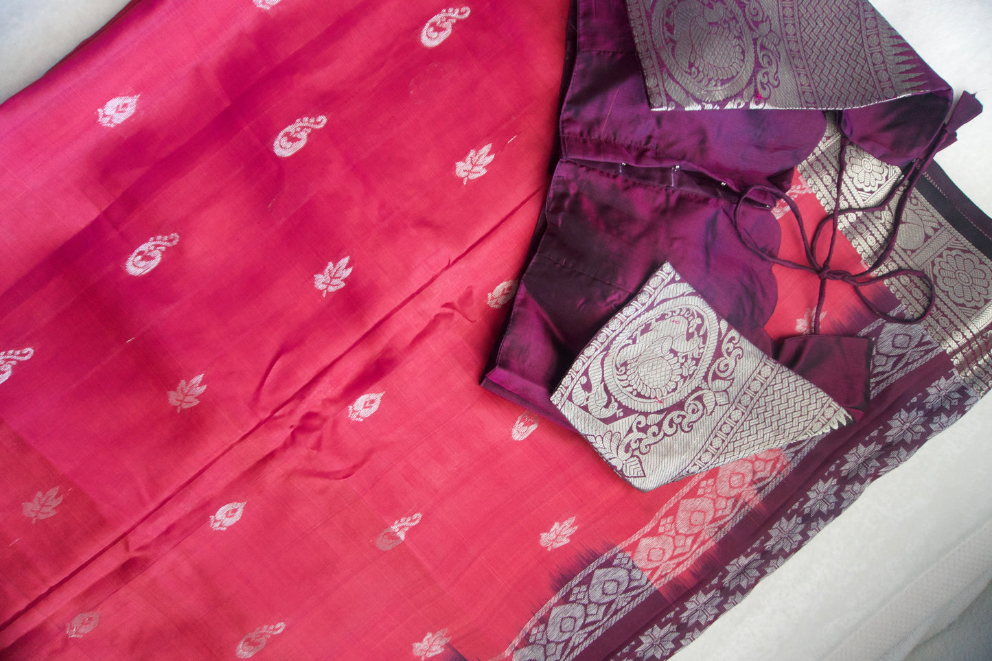 Pink pure mangalgiri handloom pattu saree with wine blouse