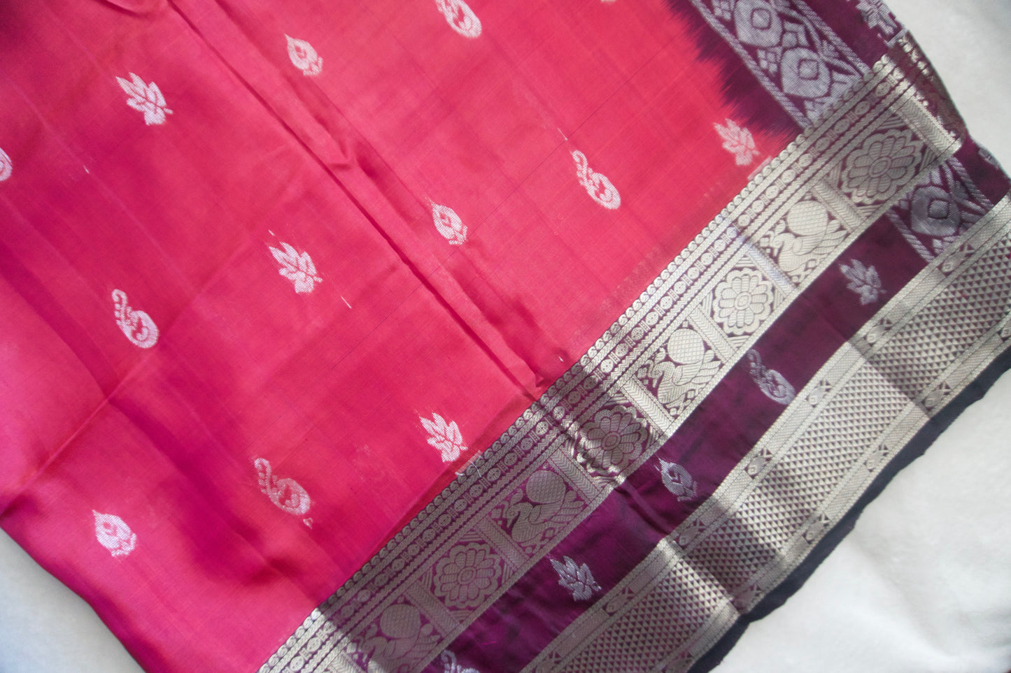 Pink pure mangalgiri handloom pattu saree with wine blouse