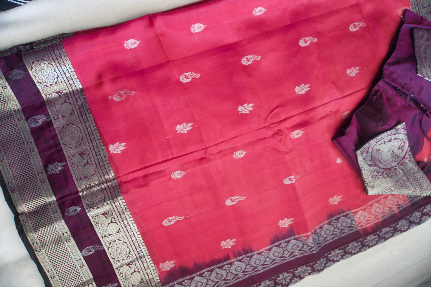 Pink pure mangalgiri handloom pattu saree with wine blouse