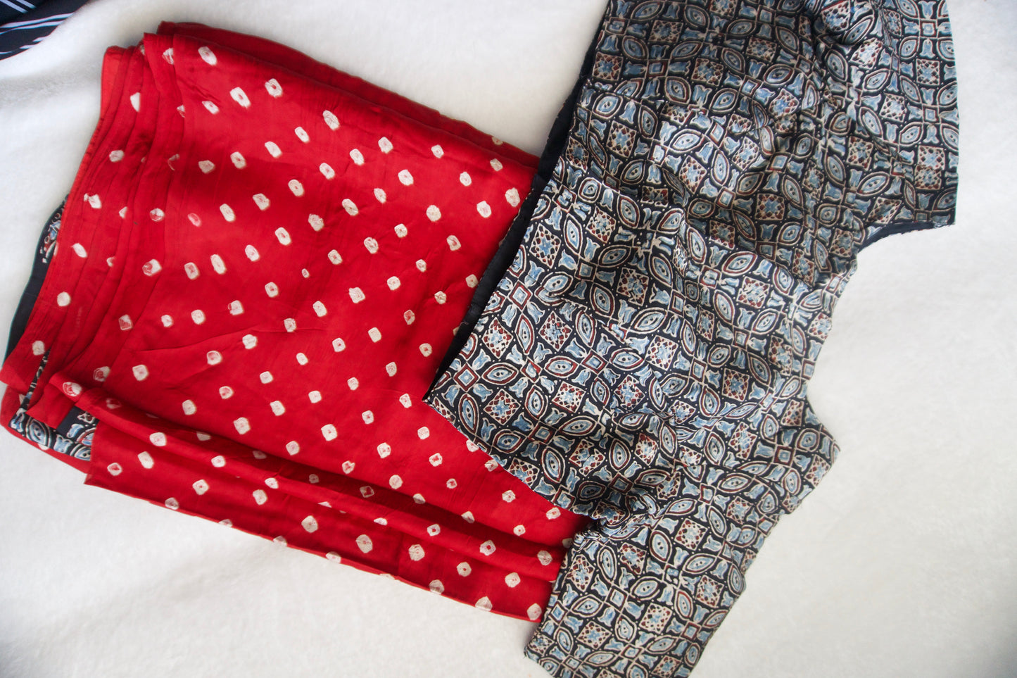 Red Modal Silk Bandhini Saree with Black Ajrakh Blouse high neck