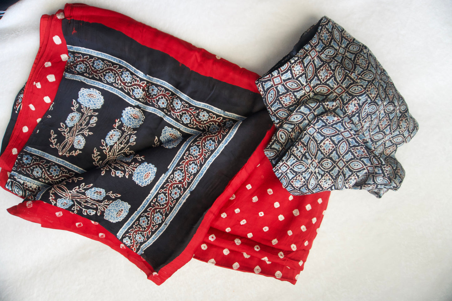 Red Modal Silk Bandhini Saree with Black Ajrakh Blouse high neck