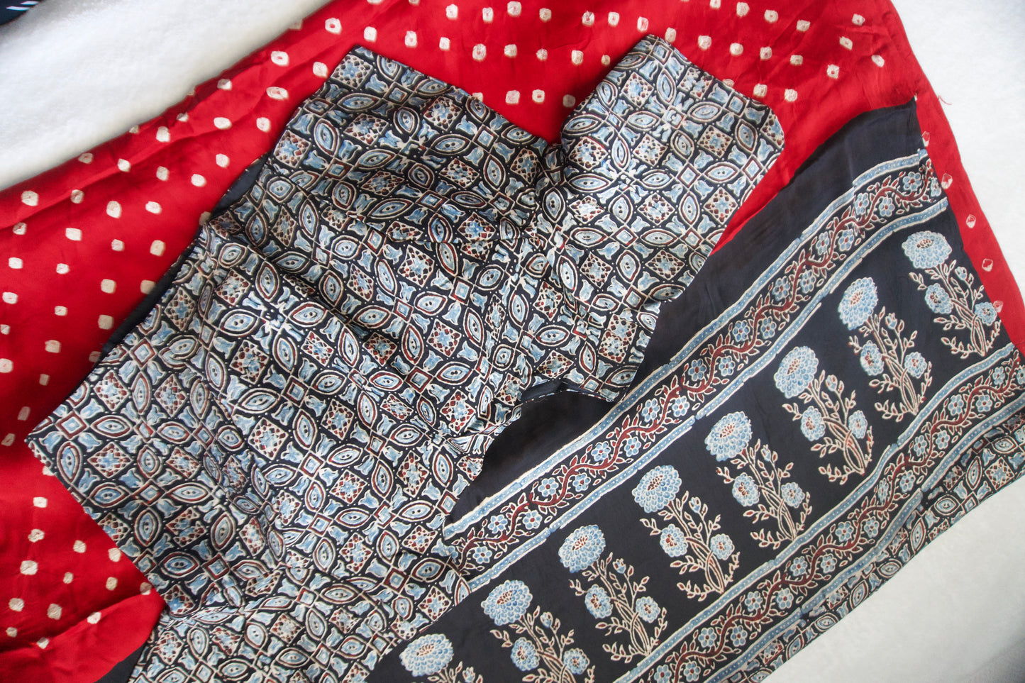 Red Modal Silk Bandhini Saree with Black Ajrakh Blouse high neck