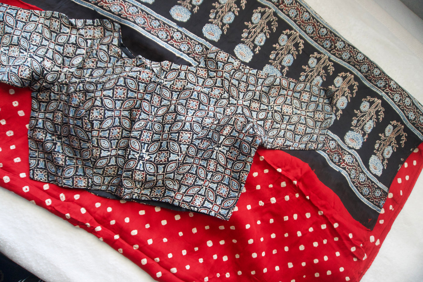 Red Modal Silk Bandhini Saree with Black Ajrakh Blouse high neck