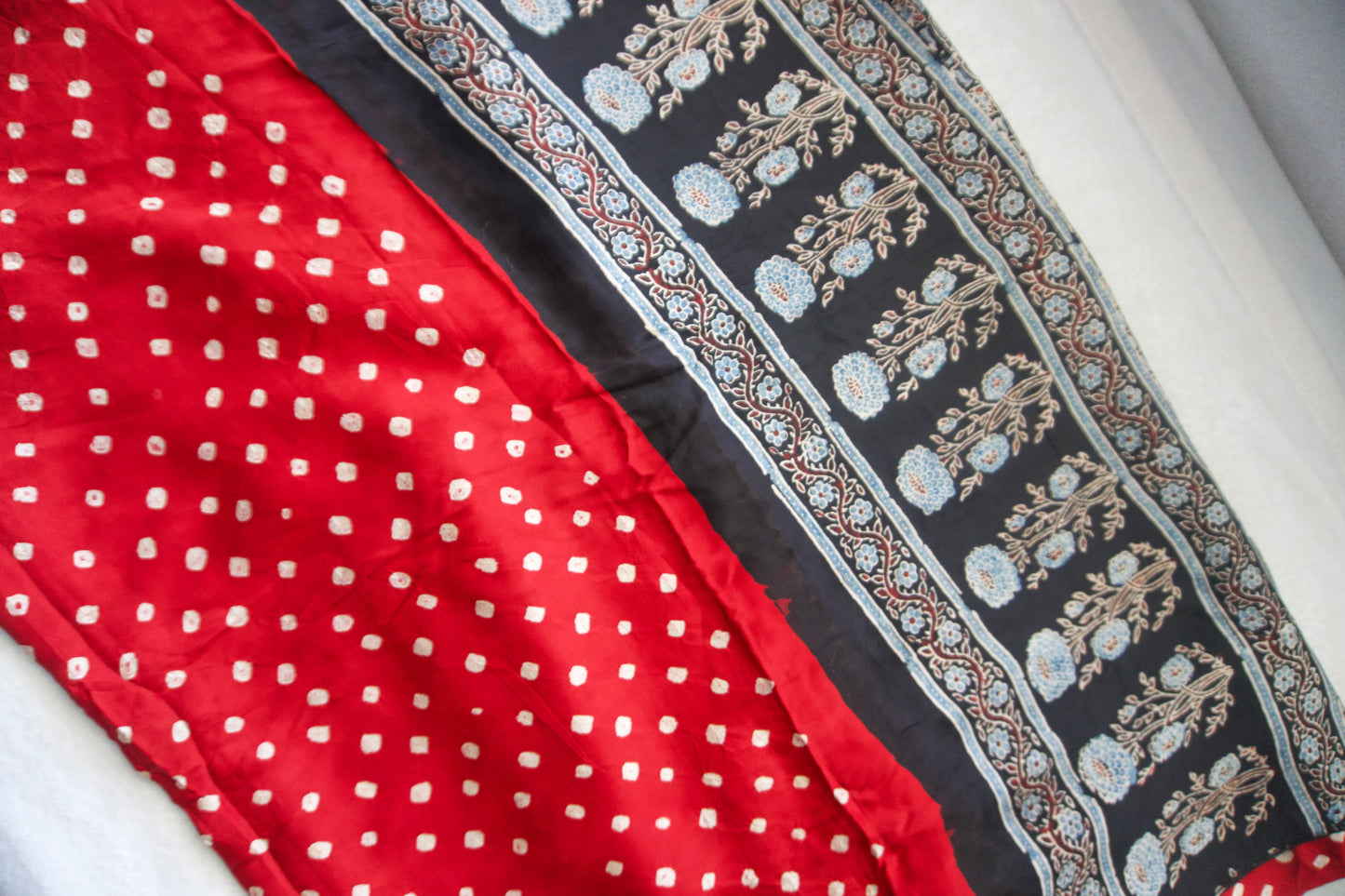 Red Modal Silk Bandhini Saree with Black Ajrakh Blouse high neck