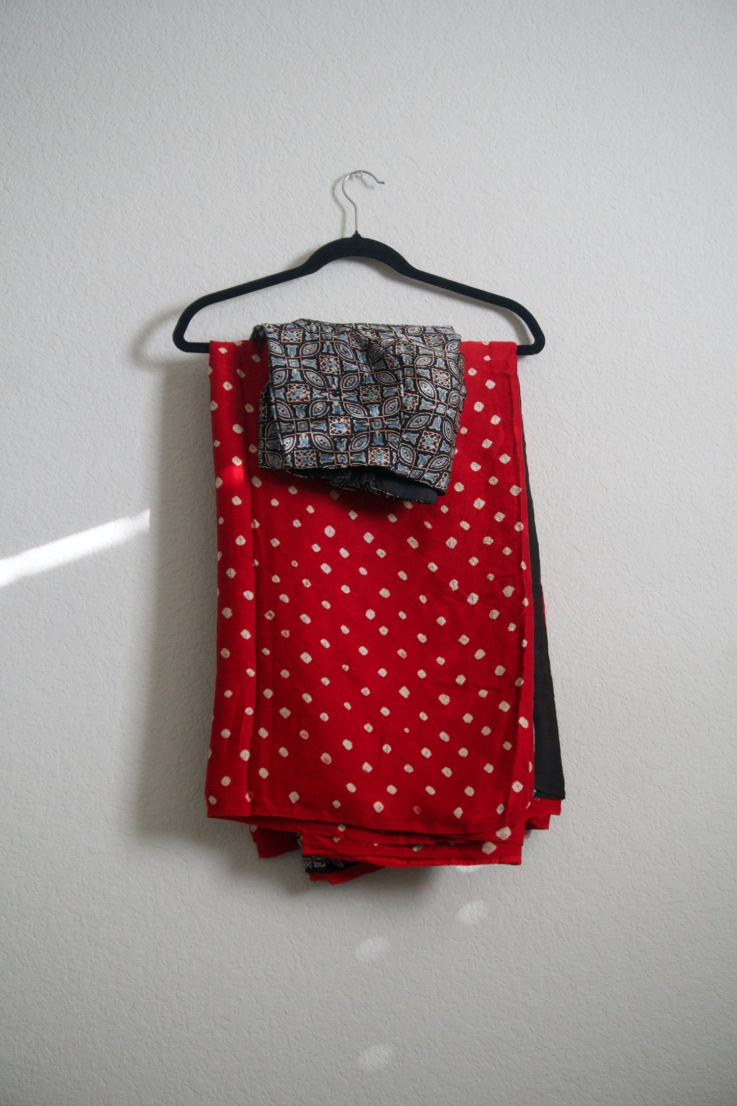 Red Modal Silk Bandhini Saree with Black Ajrakh Blouse high neck