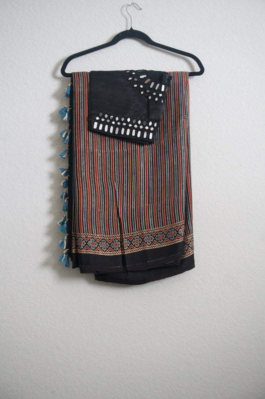 Black Pure Modal Silk Hand Block Ajrakh Print Saree Small Stripes Pattern - Mirror Work Blouse