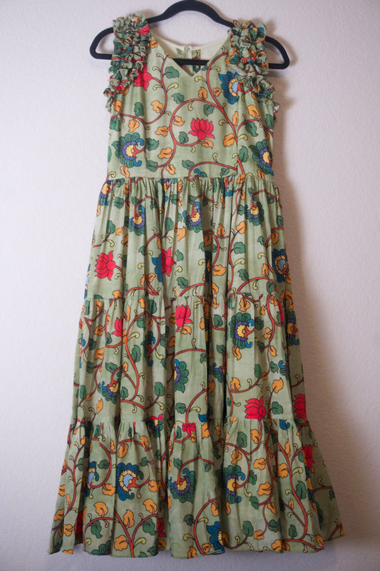 Green Kalamkari Silk Sleeveless Style Frock