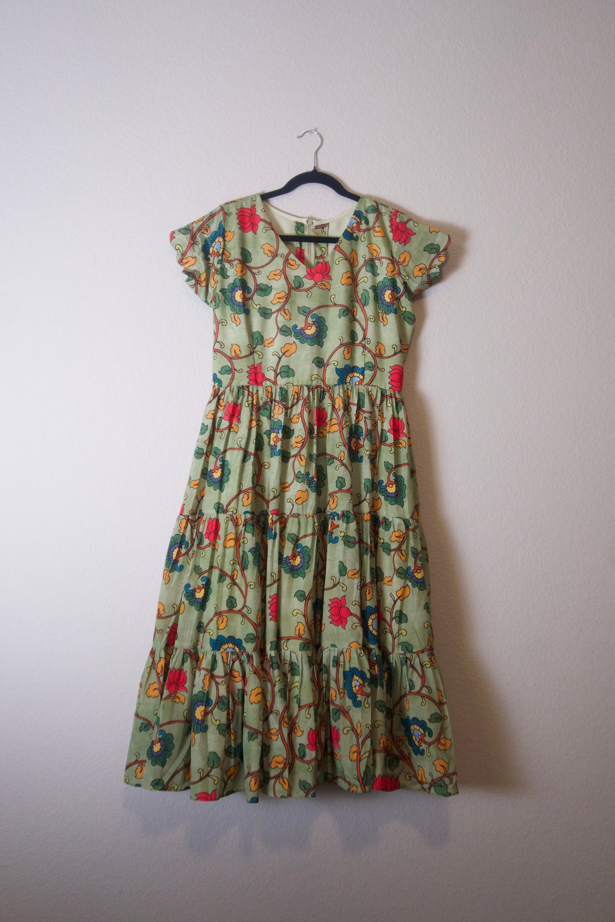 Green Kalamkari Silk Short Scallop Sleeves Frock