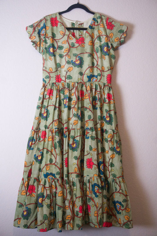 Green Kalamkari Silk Short Scallop Sleeves Frock