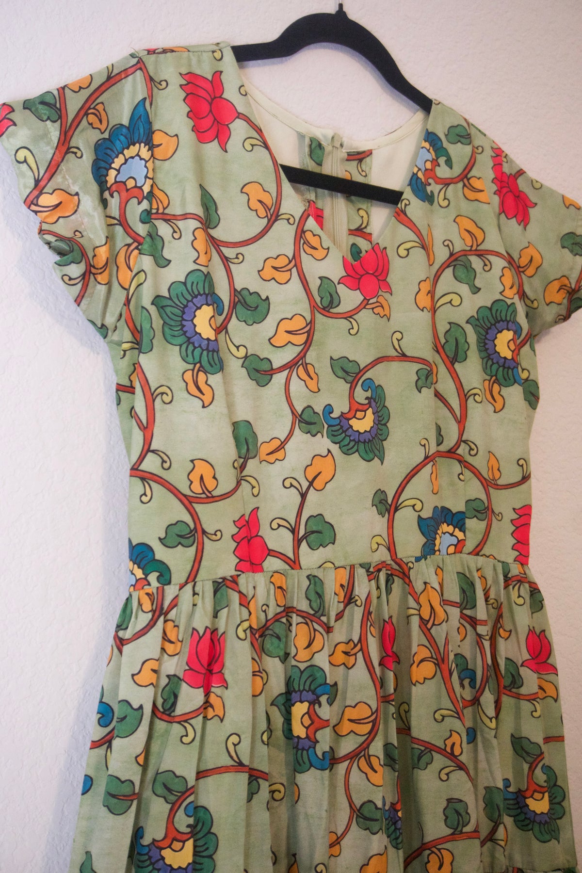 Green Kalamkari Silk Short Scallop Sleeves Frock