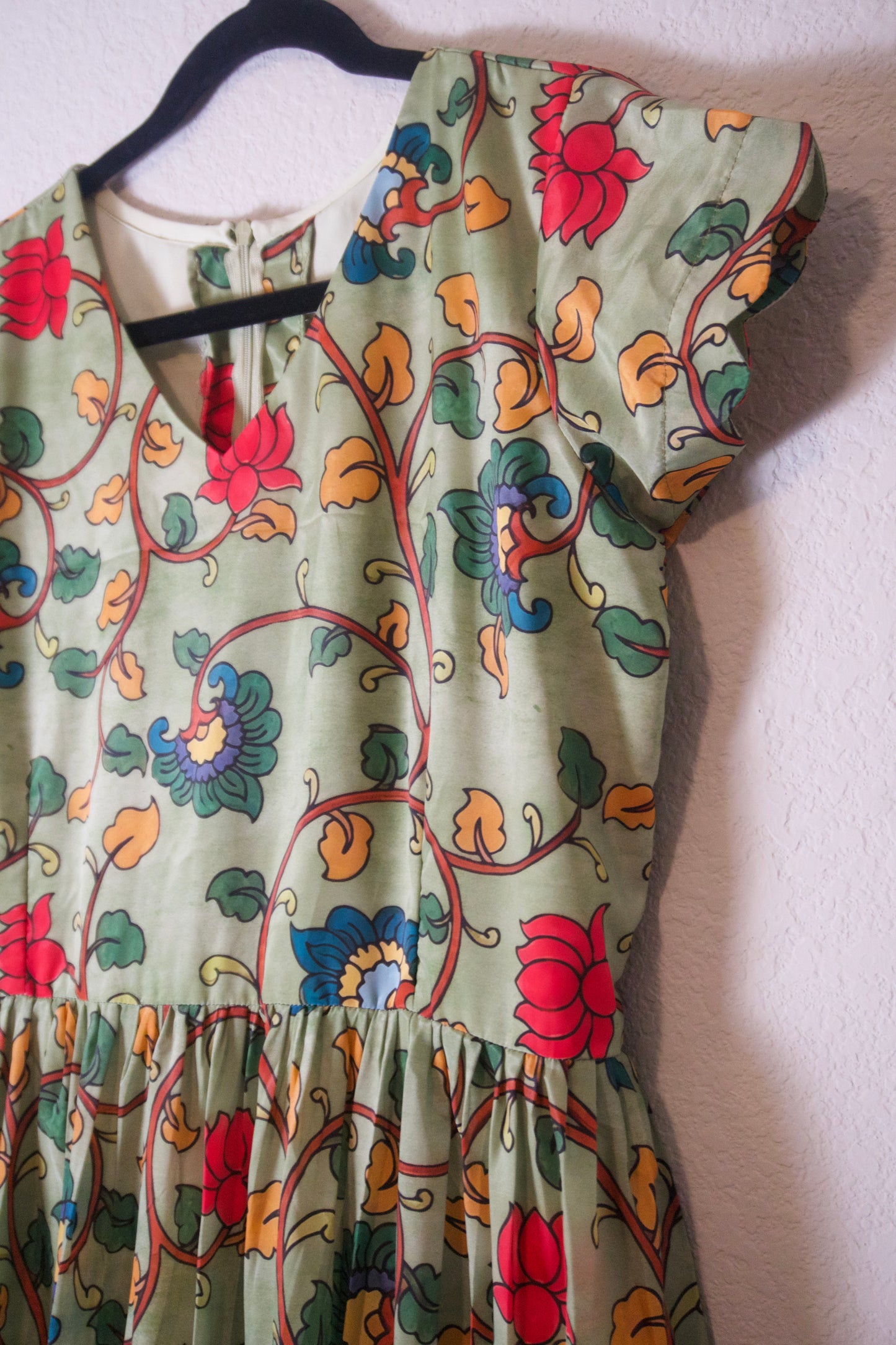 Green Kalamkari Silk Short Scallop Sleeves Frock