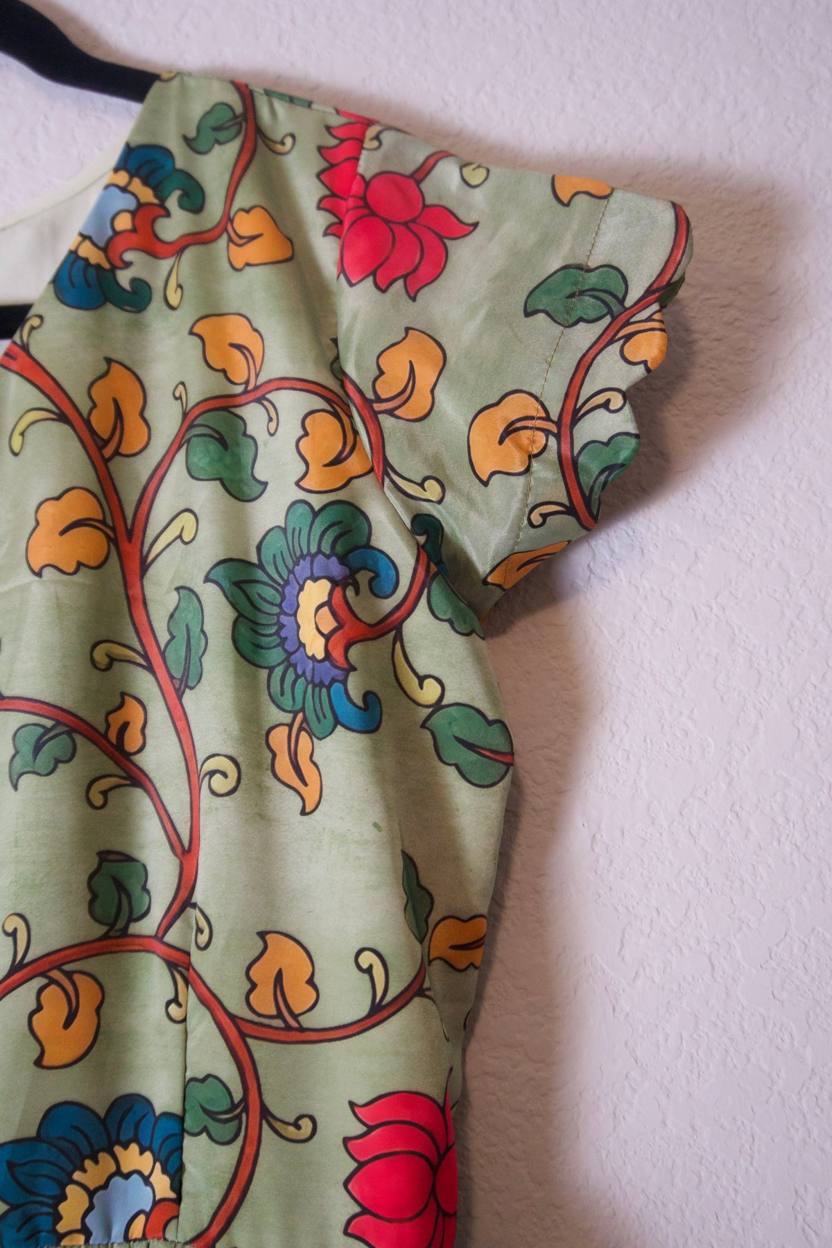 Green Kalamkari Silk Short Scallop Sleeves Frock