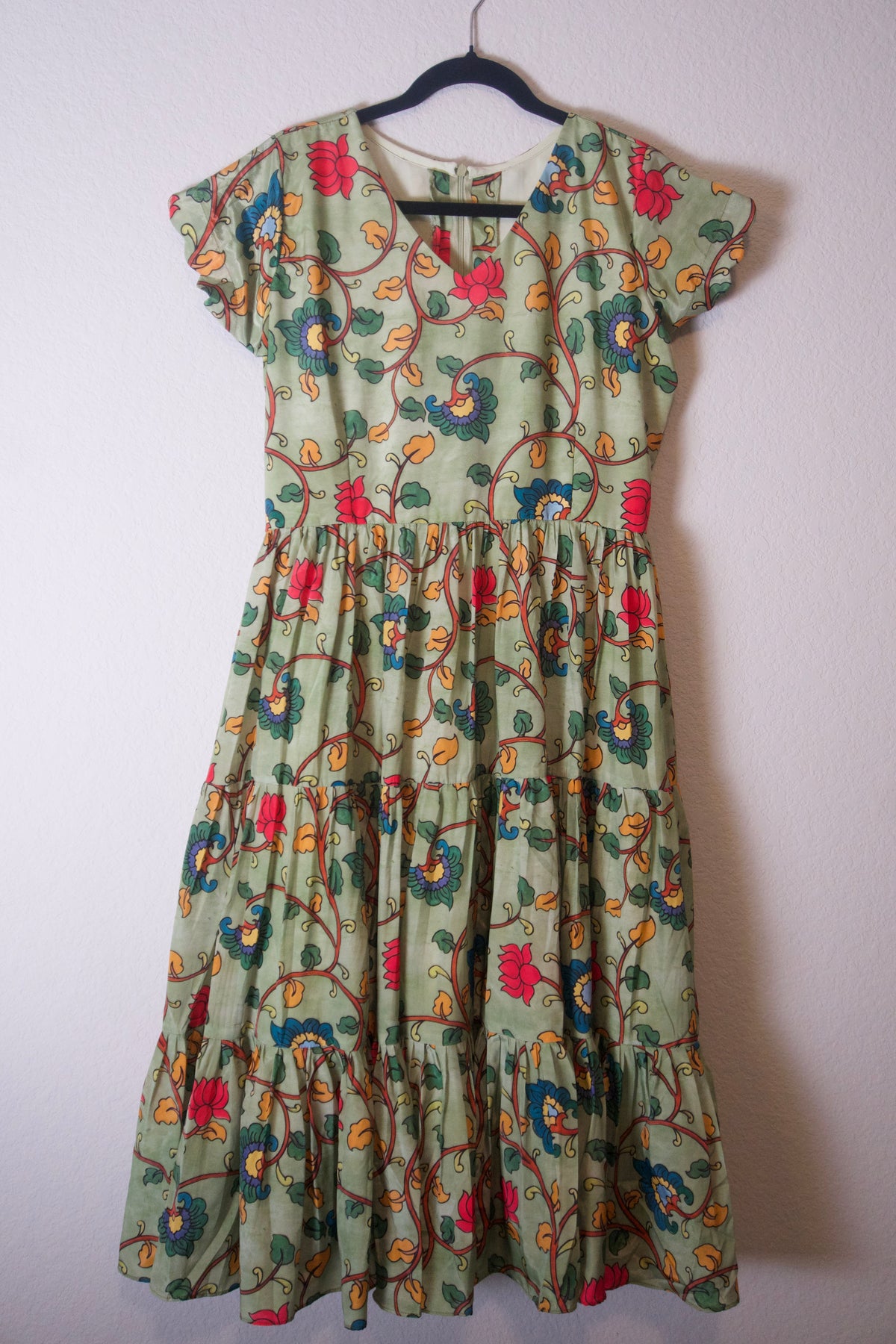 Green Kalamkari Silk Short Scallop Sleeves Frock