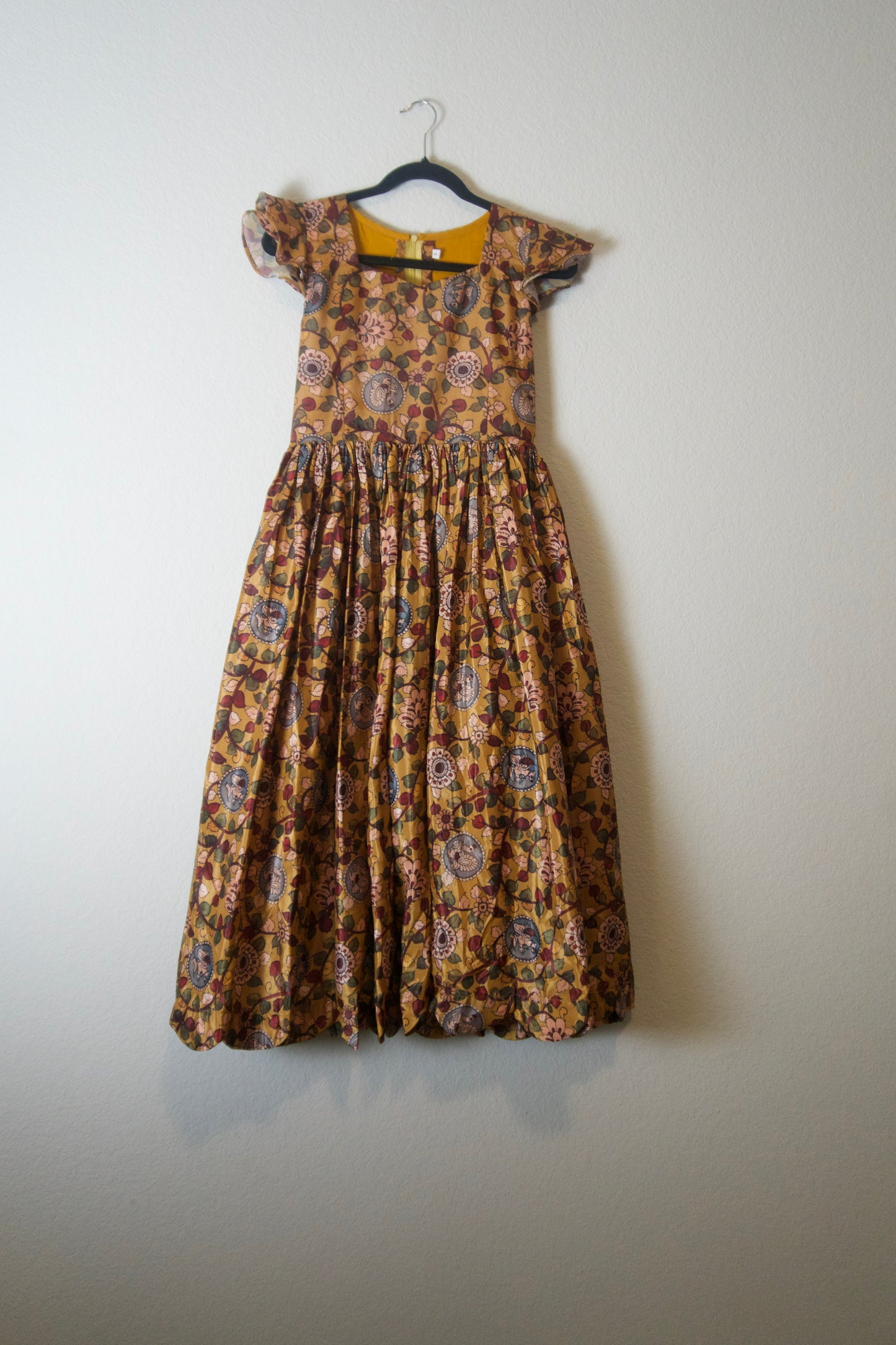 Mustard Yellow Kalamkari Silk Sleeveless Style Frock - Scalloped Flare
