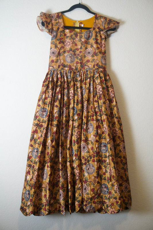 Mustard Yellow Kalamkari Silk Sleeveless Style Frock - Scalloped Flare