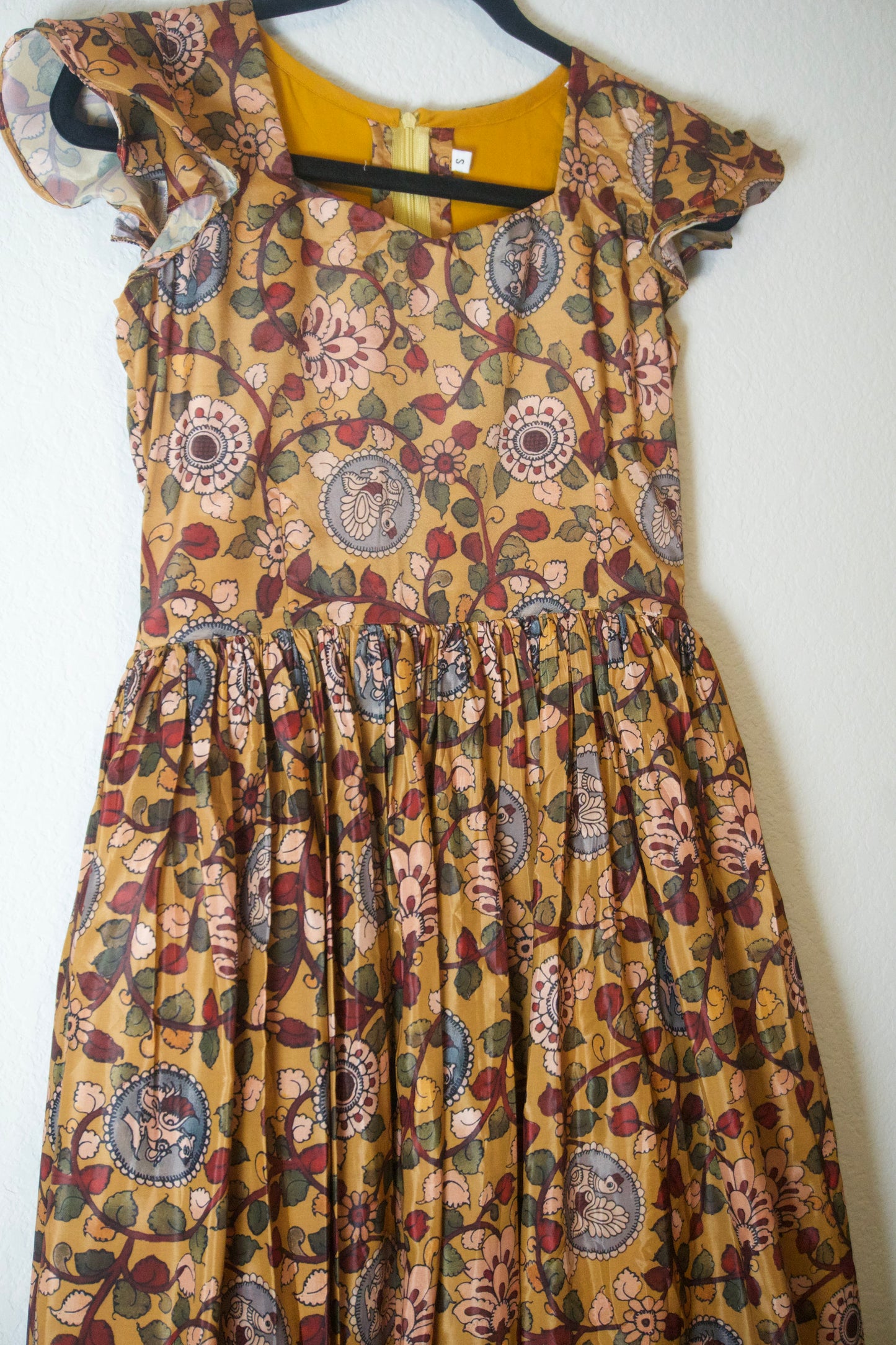 Mustard Yellow Kalamkari Silk Sleeveless Style Frock - Scalloped Flare