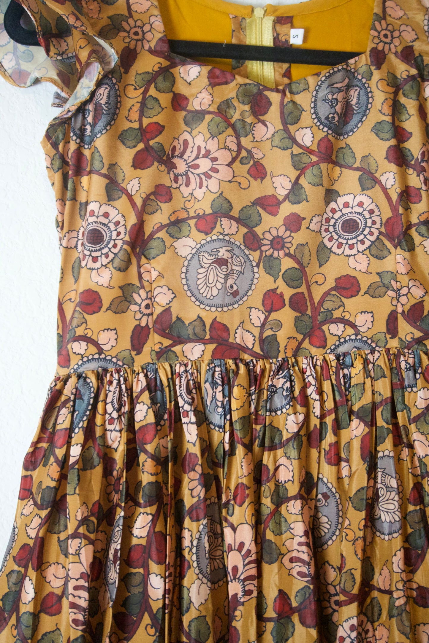 Mustard Yellow Kalamkari Silk Sleeveless Style Frock - Scalloped Flare
