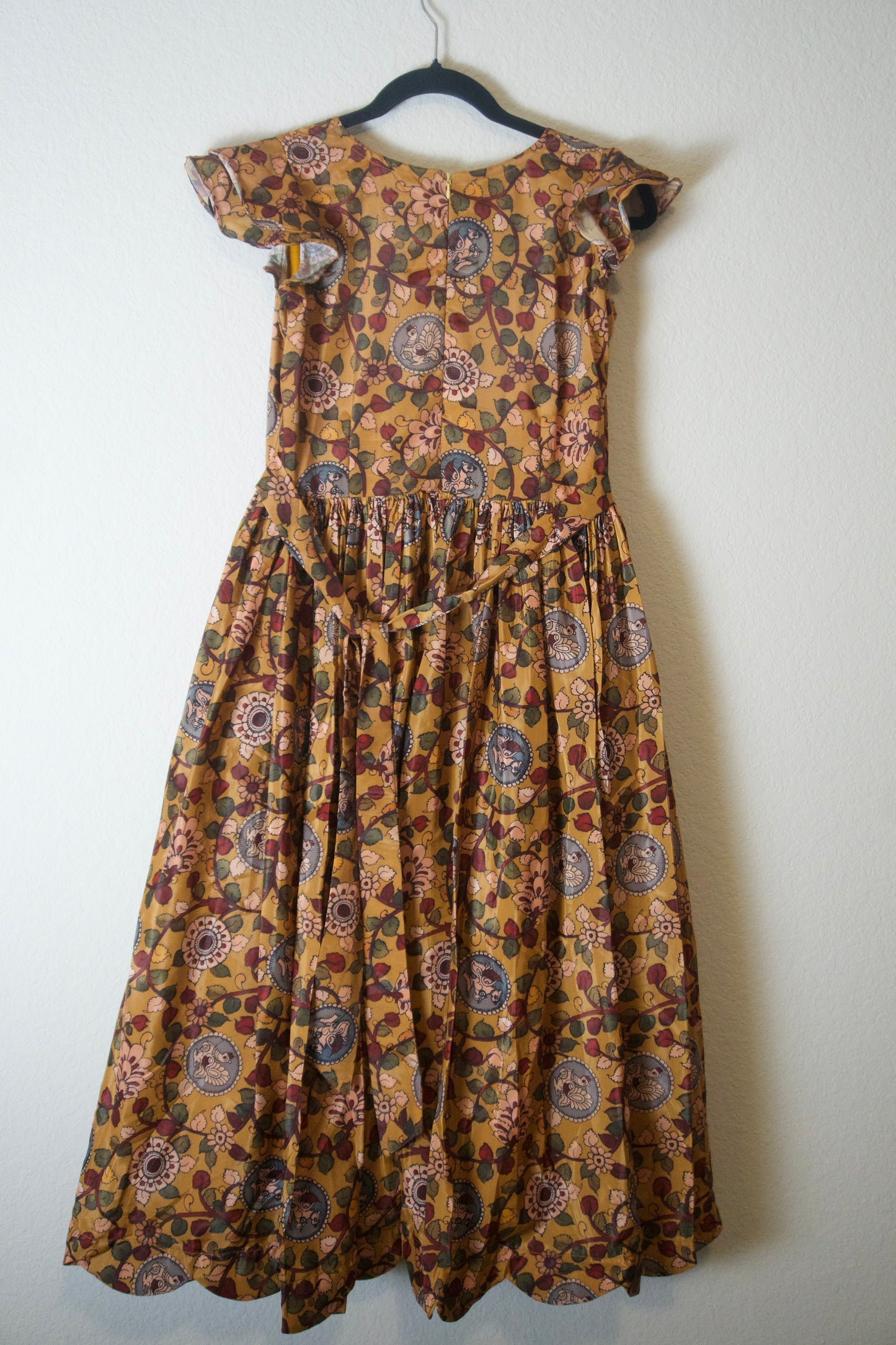 Mustard Yellow Kalamkari Silk Sleeveless Style Frock - Scalloped Flare