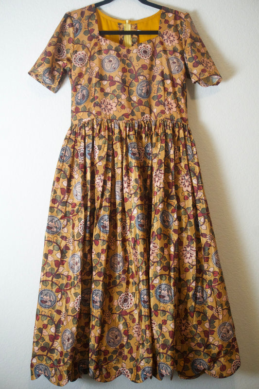 Mustard Yellow Kalamkari Silk Elbow Sleeves Frock - Scallop Flare