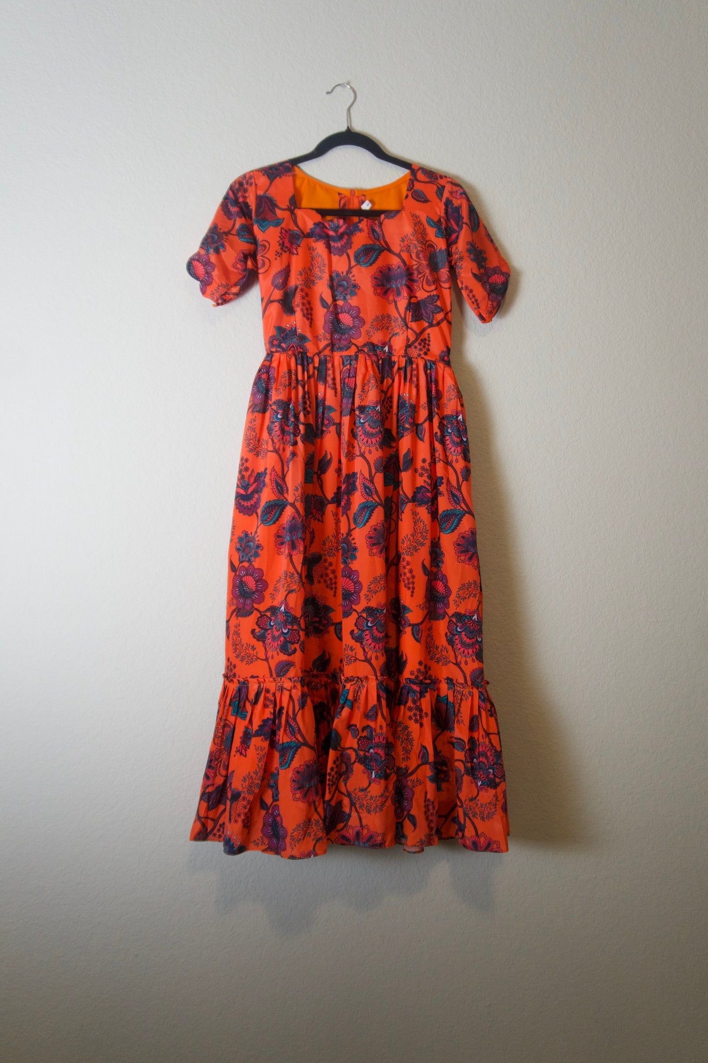 Orange Kalamkari Silk Elbow Scallop Sleeve Frock