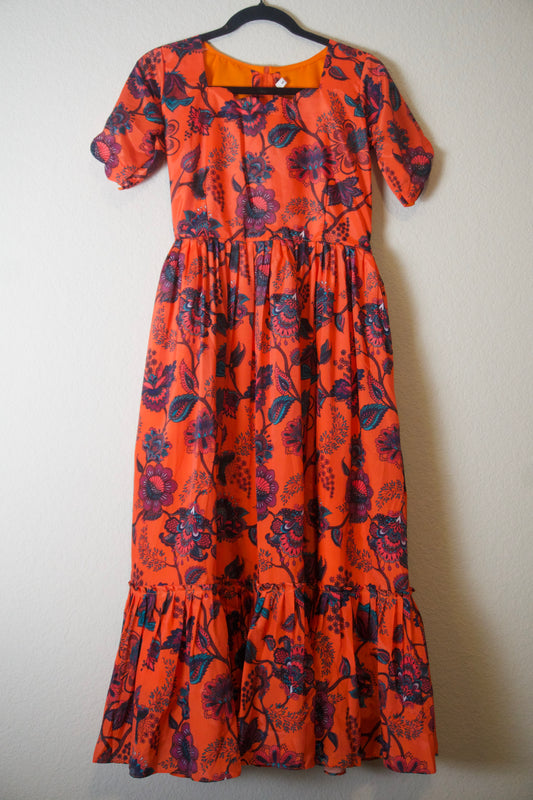 Orange Kalamkari Silk Elbow Scallop Sleeve Frock