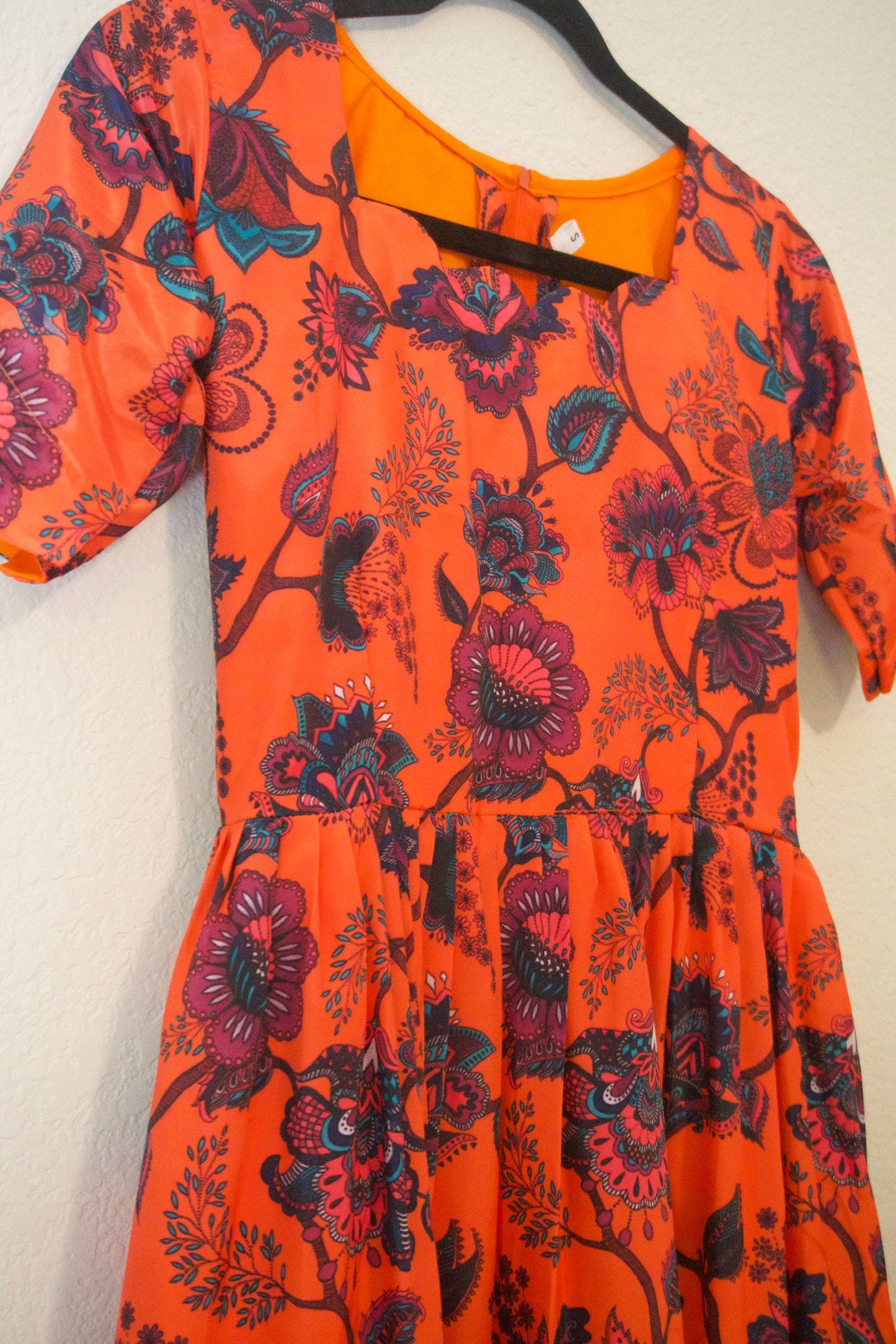 Orange Kalamkari Silk Elbow Scallop Sleeve Frock