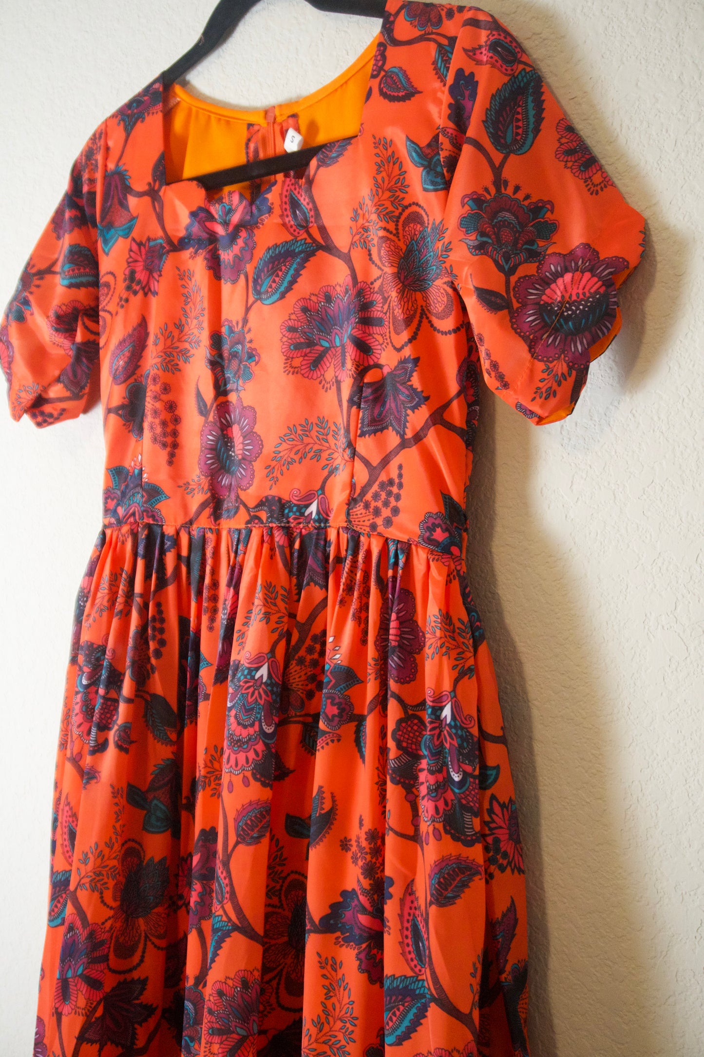 Orange Kalamkari Silk Elbow Scallop Sleeve Frock