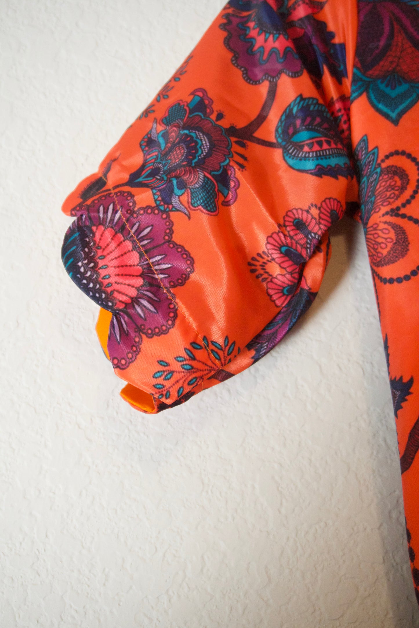 Orange Kalamkari Silk Elbow Scallop Sleeve Frock