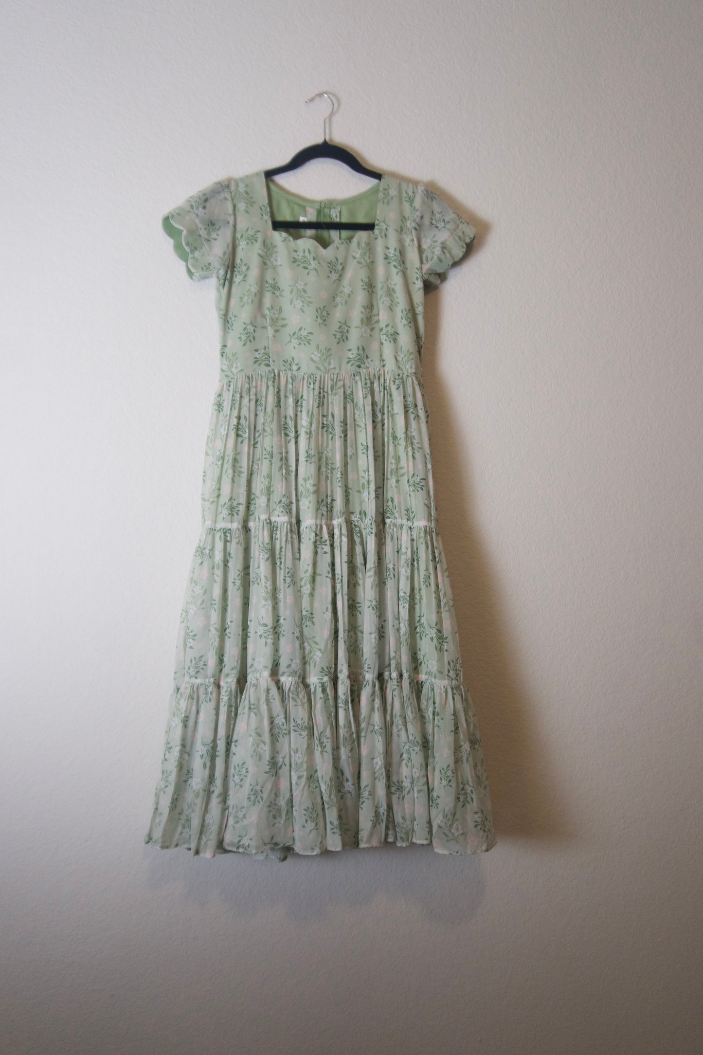 Pista Green Floral Soft Georgette 3 tier Flowy Frock - Scalloped Sleeves