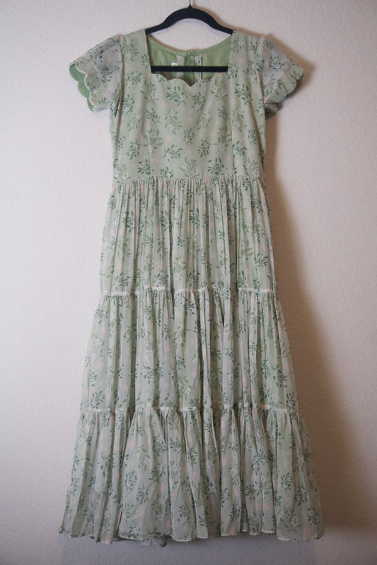 Pista Green Floral Soft Georgette 3 tier Flowy Frock - Scalloped Sleeves