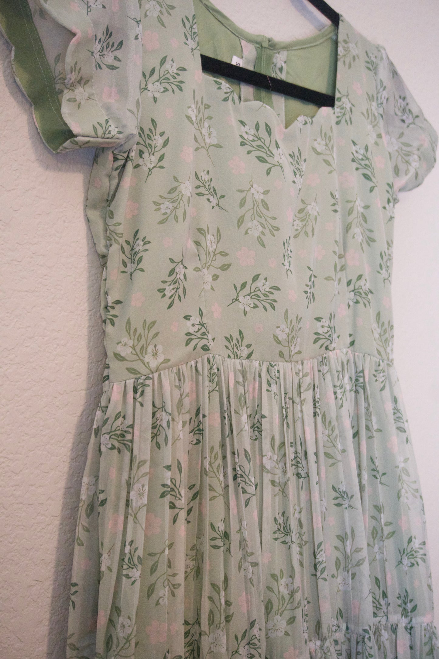 Pista Green Floral Soft Georgette 3 tier Flowy Frock - Scalloped Sleeves