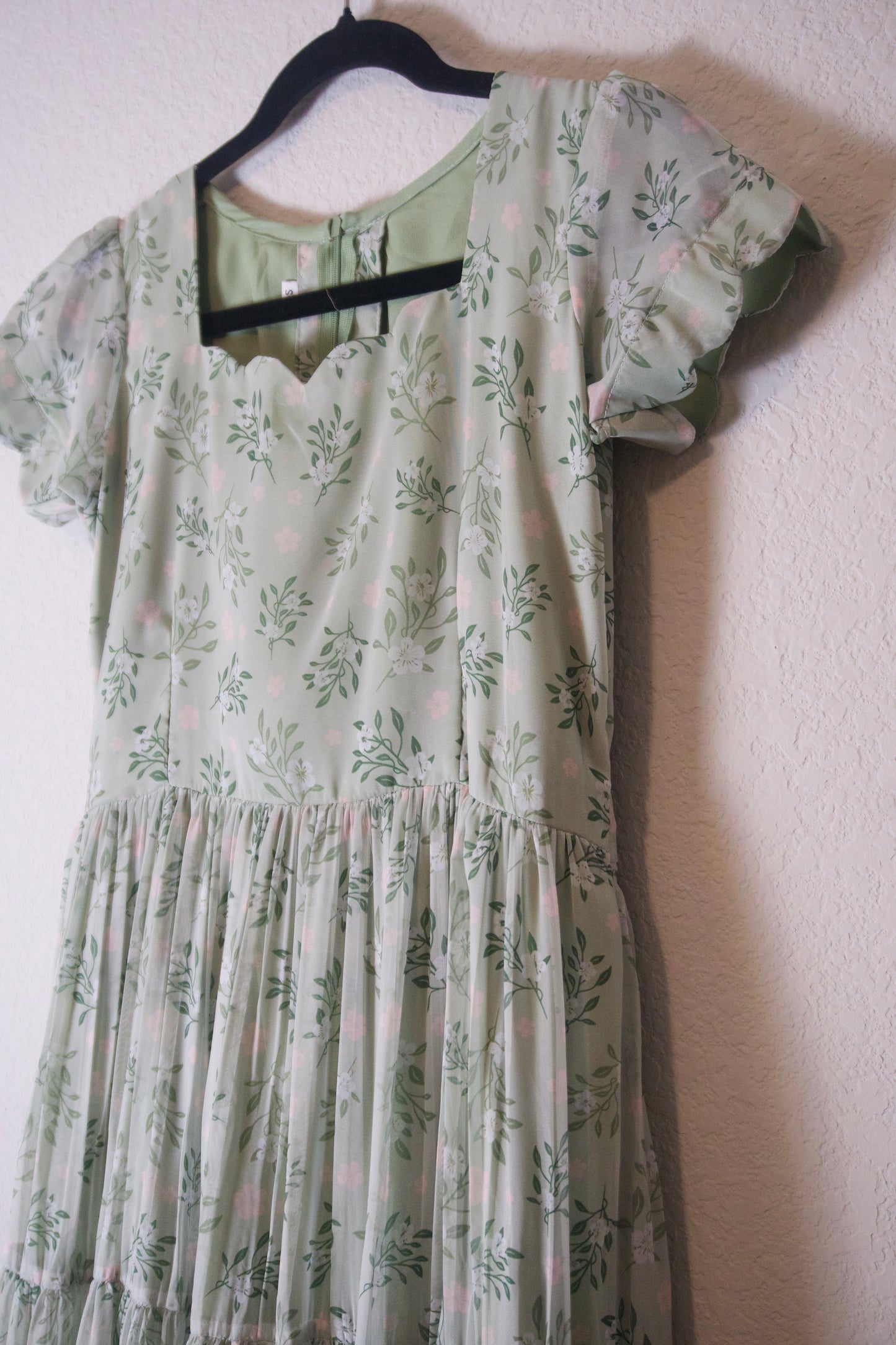 Pista Green Floral Soft Georgette 3 tier Flowy Frock - Scalloped Sleeves