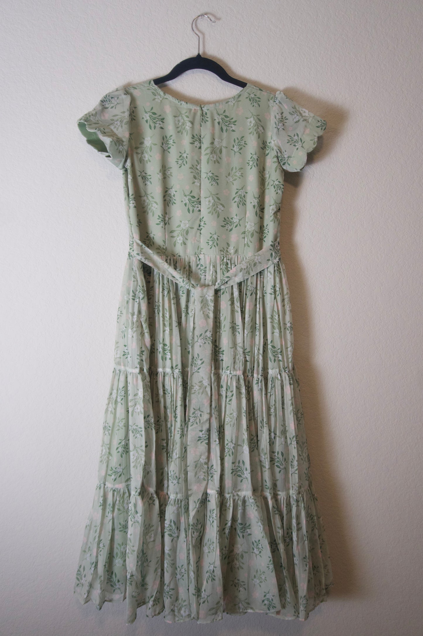 Pista Green Floral Soft Georgette 3 tier Flowy Frock - Scalloped Sleeves