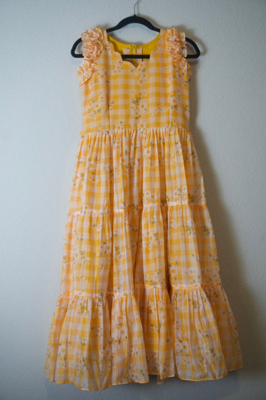 Yellow Floral Checks Chanderi 3 tier Sleeveless Style Frock