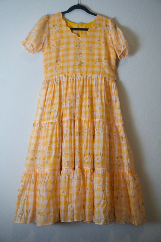 Yellow Floral Checks Chanderi 3 tier Frocks with Sleeves