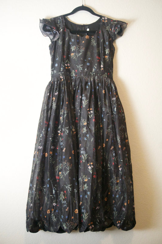 Black Floral Chanderi Sleeveless Style Frock - Scalloped Flare