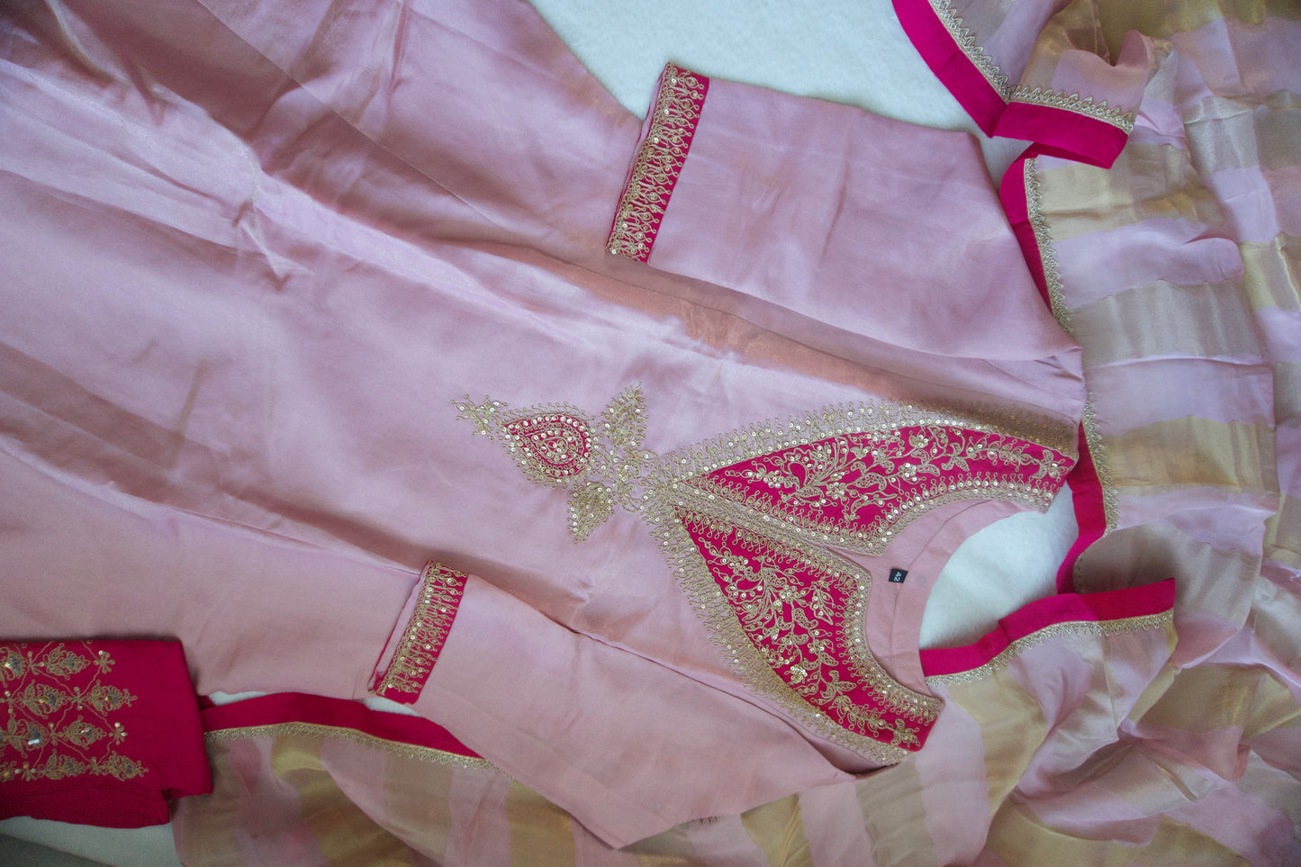 Baby pink tissue A-line kurti set with gorgeous tissue dupatta