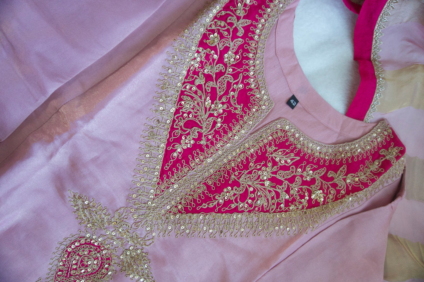 Baby pink tissue A-line kurti set with gorgeous tissue dupatta