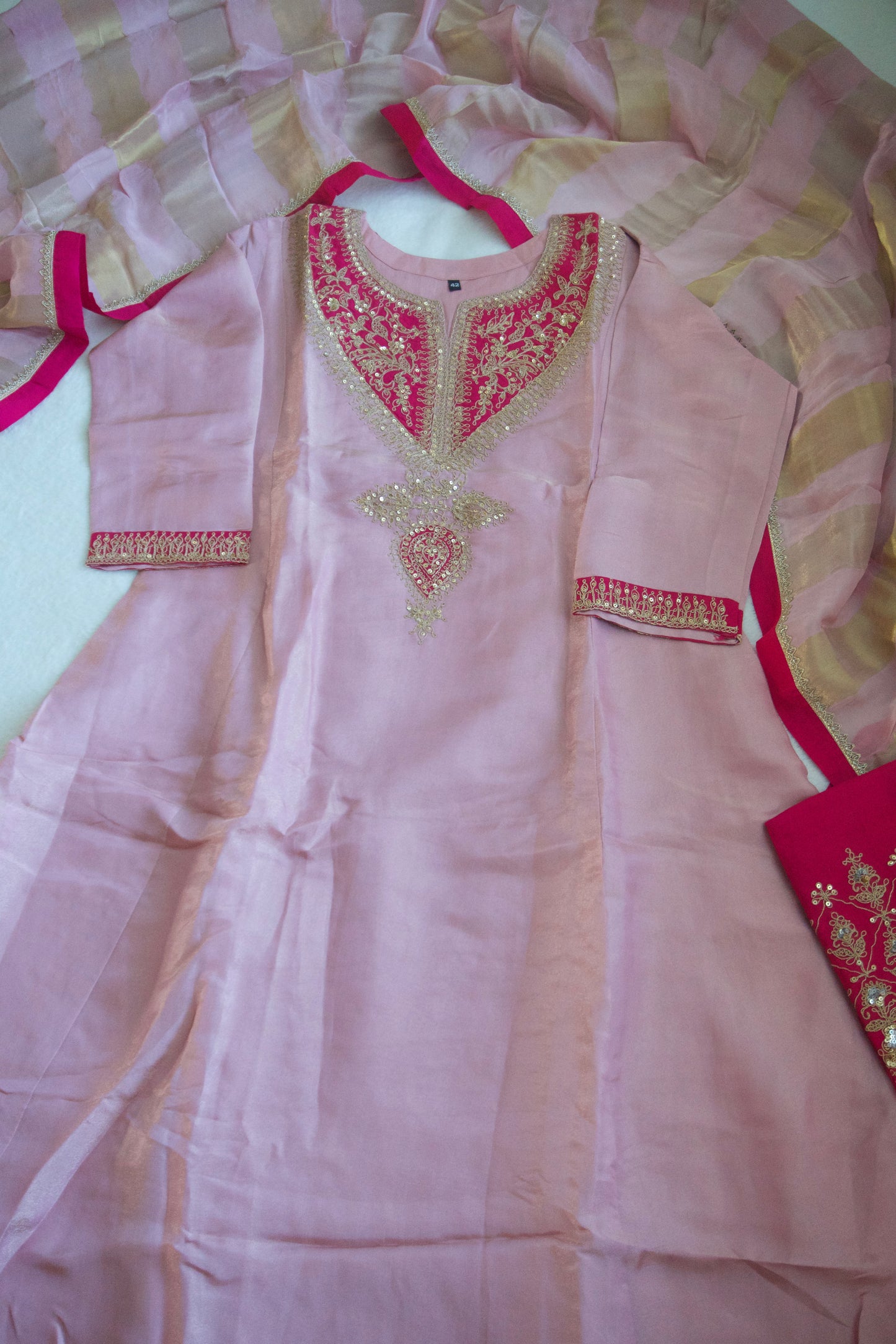 Baby pink tissue A-line kurti set with gorgeous tissue dupatta